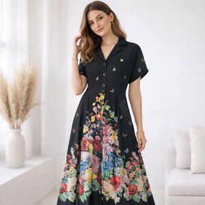 Dalia MacPhee Black Multi Butterfly Floral Midi Dress Size L NWT